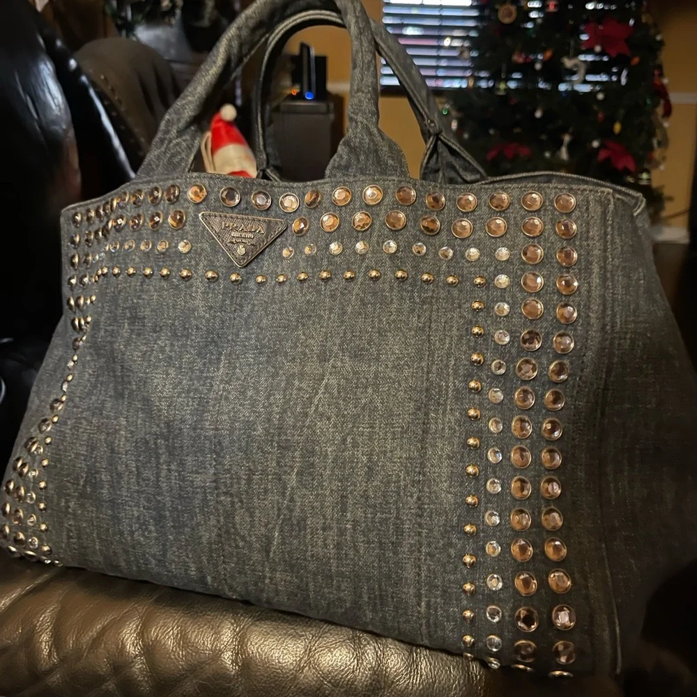 Prada Denim Blue Studded Tote Bag - Picture 4 of 16